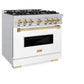 ZLINE Autograph Edition 36 in. 5.2 cu. ft. Classic Gas Range with 6 Burner Cooktop and Convection Gas Oven in Stainless Steel with White Matte Door and Polished Gold Accents, Open Box-Good Condition
