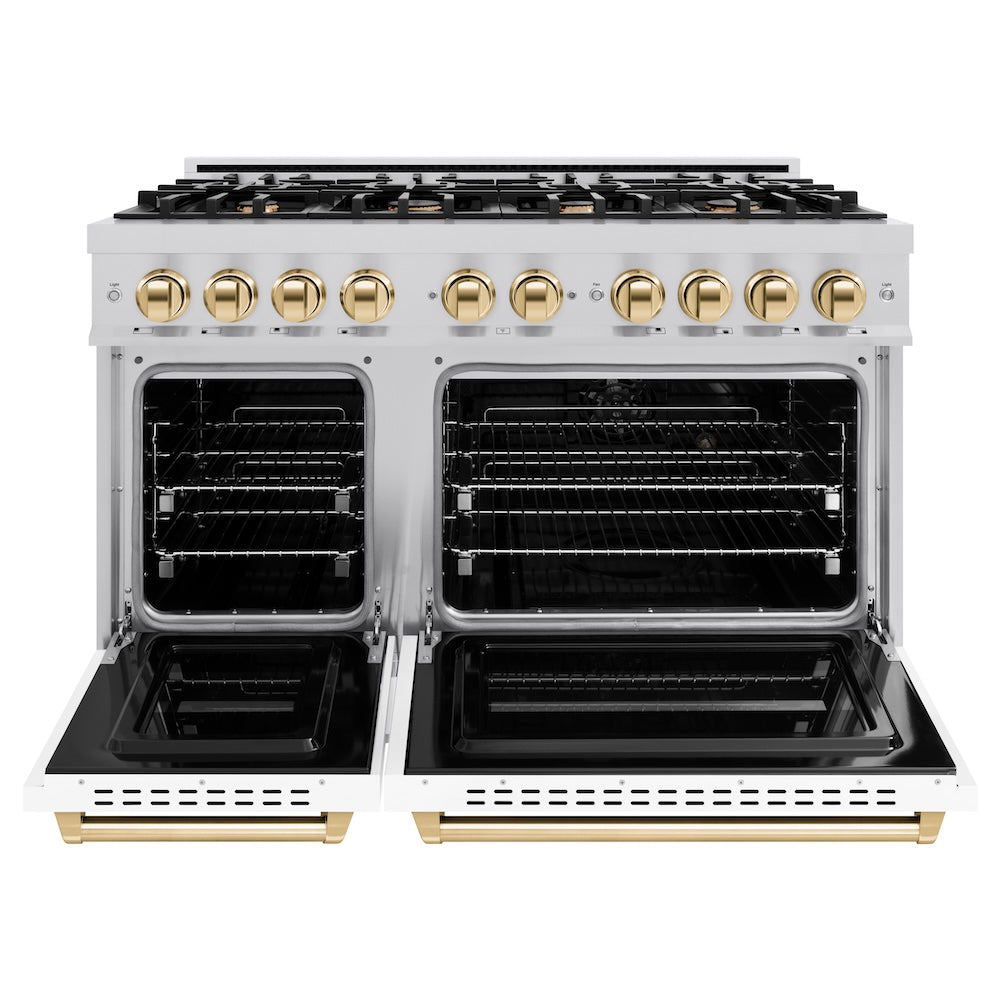 ZLINE Autograph Edition 48 in. 6.7 cu. ft. Classic Double Oven Gas Range with 8 Burner Cooktop in Stainless Steel with White Matte Doors and Polished Gold Accents, Open Box-Great Condition