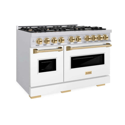 ZLINE Autograph Edition 48 in. 6.7 cu. ft. Classic Double Oven Gas Range with 8 Burner Cooktop in Stainless Steel with White Matte Doors and Polished Gold Accents, Open Box-Good Condition