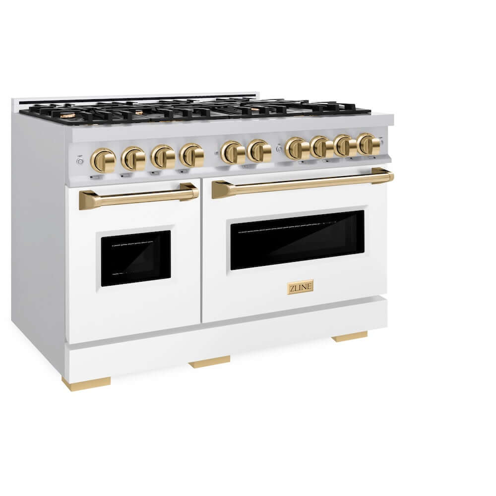 ZLINE Autograph Edition 48 in. 6.7 cu. ft. Classic Double Oven Gas Range with 8 Burner Cooktop in Stainless Steel with White Matte Doors and Polished Gold Accents, Open Box-Good Condition