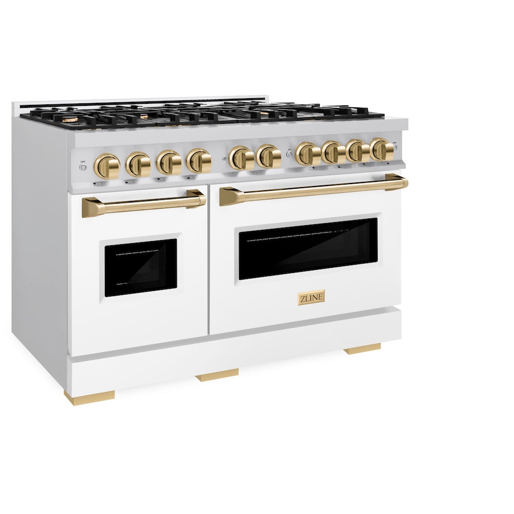 ZLINE Autograph Edition 48 in. 6.7 cu. ft. Classic Double Oven Gas Range with 8 Burner Cooktop in Stainless Steel with White Matte Doors and Polished Gold Accents, Open Box-Great Condition