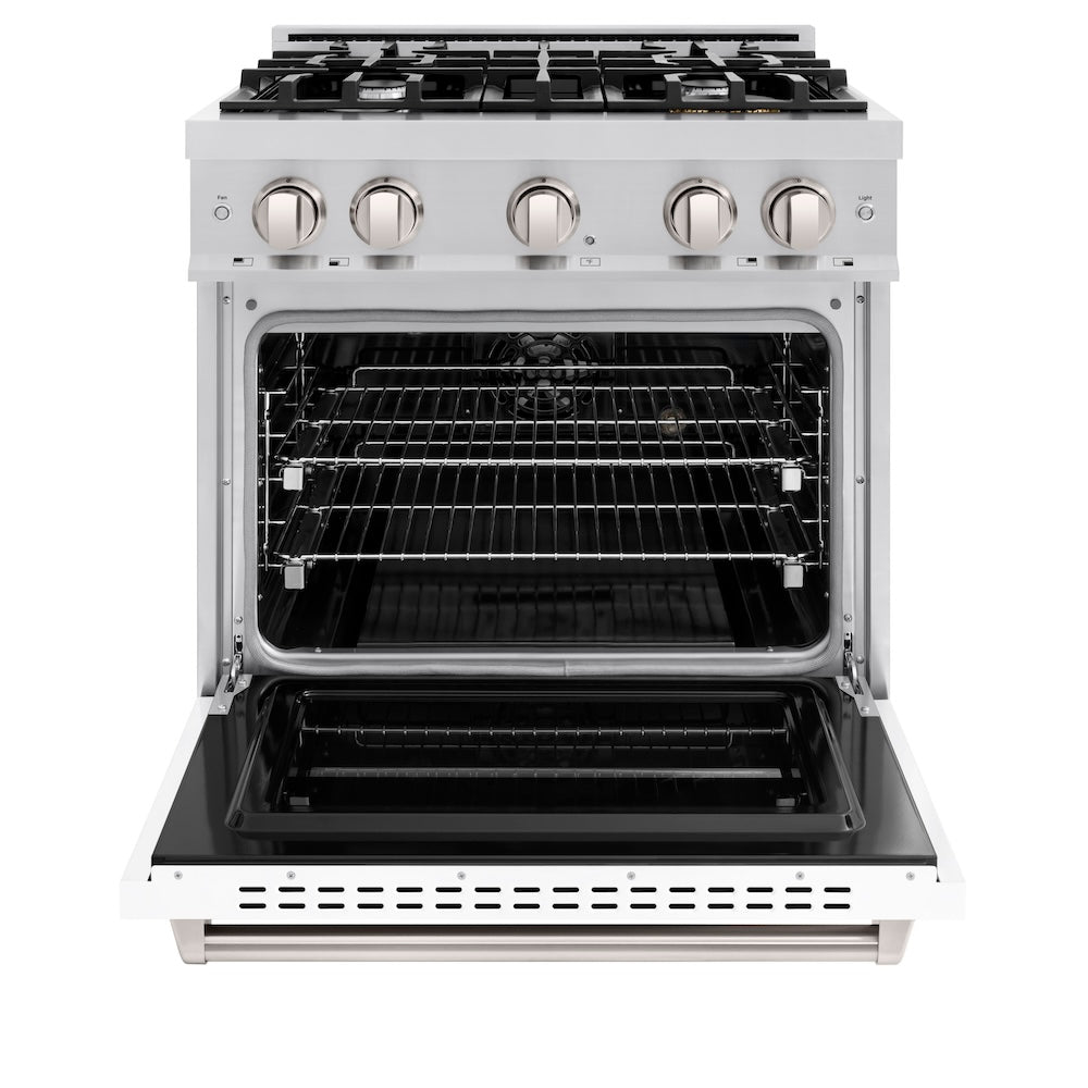 ZLINE 30 in. 4.2 cu. ft. Classic Dual Fuel Range with 4 Burner Gas Cooktop and Electric Convection Oven in Stainless Steel with White Matte Door (CDR-WM-30) front, oven open.