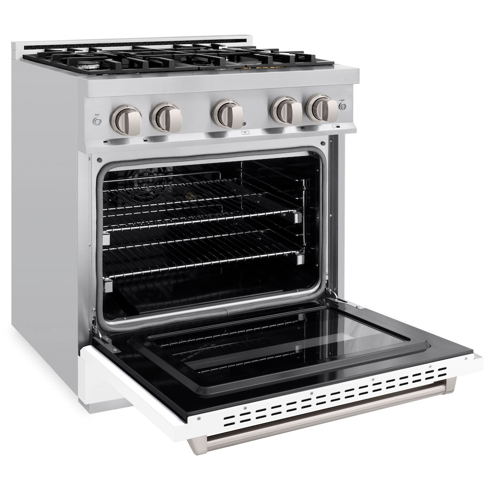 ZLINE 30 in. 4.2 cu. ft. Classic Dual Fuel Range with 4 Burner Gas Cooktop and Electric Convection Oven in Stainless Steel with White Matte Door (CDR-WM-30) side, oven open.