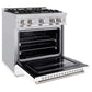 ZLINE 30 in. 4.2 cu. ft. Classic Dual Fuel Range with 4 Burner Gas Cooktop and Electric Convection Oven in Stainless Steel with White Matte Door (CDR-WM-30) side, open.
