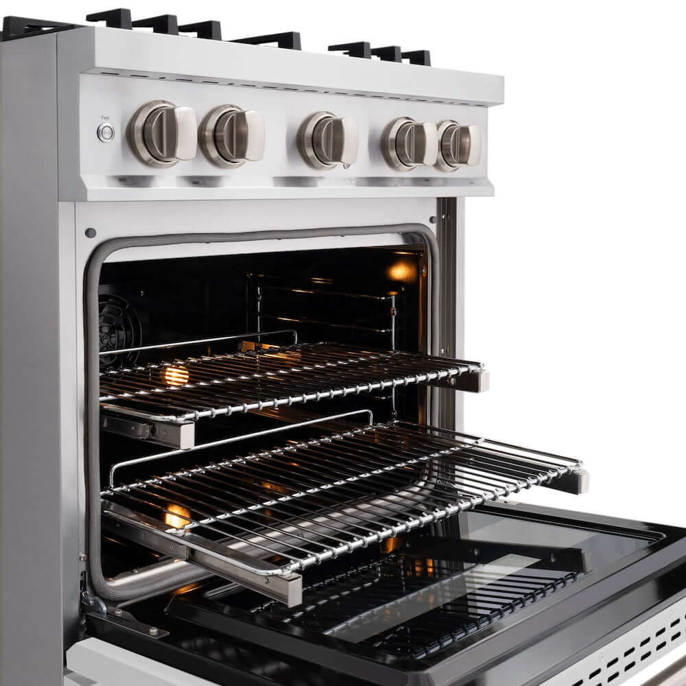 ZLINE 30 in. 4.2 cu. ft. Classic Dual Fuel Range with 4 Burner Gas Cooktop and Electric Convection Oven in Stainless Steel with White Matte Door (CDR-WM-30) close-up, oven open with racks extended.