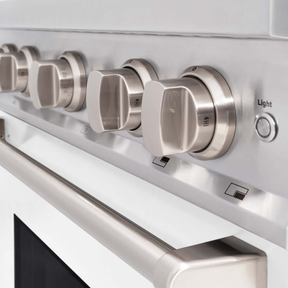 ZLINE 30 in. 4.2 cu. ft. Classic Dual Fuel Range with 4 Burner Gas Cooktop and Electric Convection Oven in Stainless Steel with White Matte Door (CDR-WM-30) knobs.