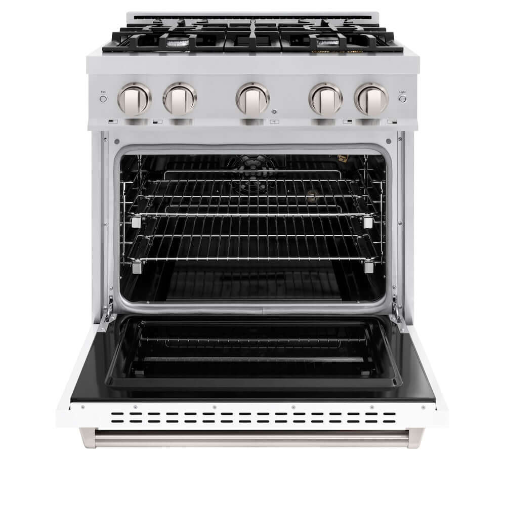 ZLINE 30 in. 4.2 cu. ft. Classic Gas Range with 4 Burner Cooktop and Convection Gas Oven in Stainless Steel with White Matte Door (CGR-WM-30) front, oven open.