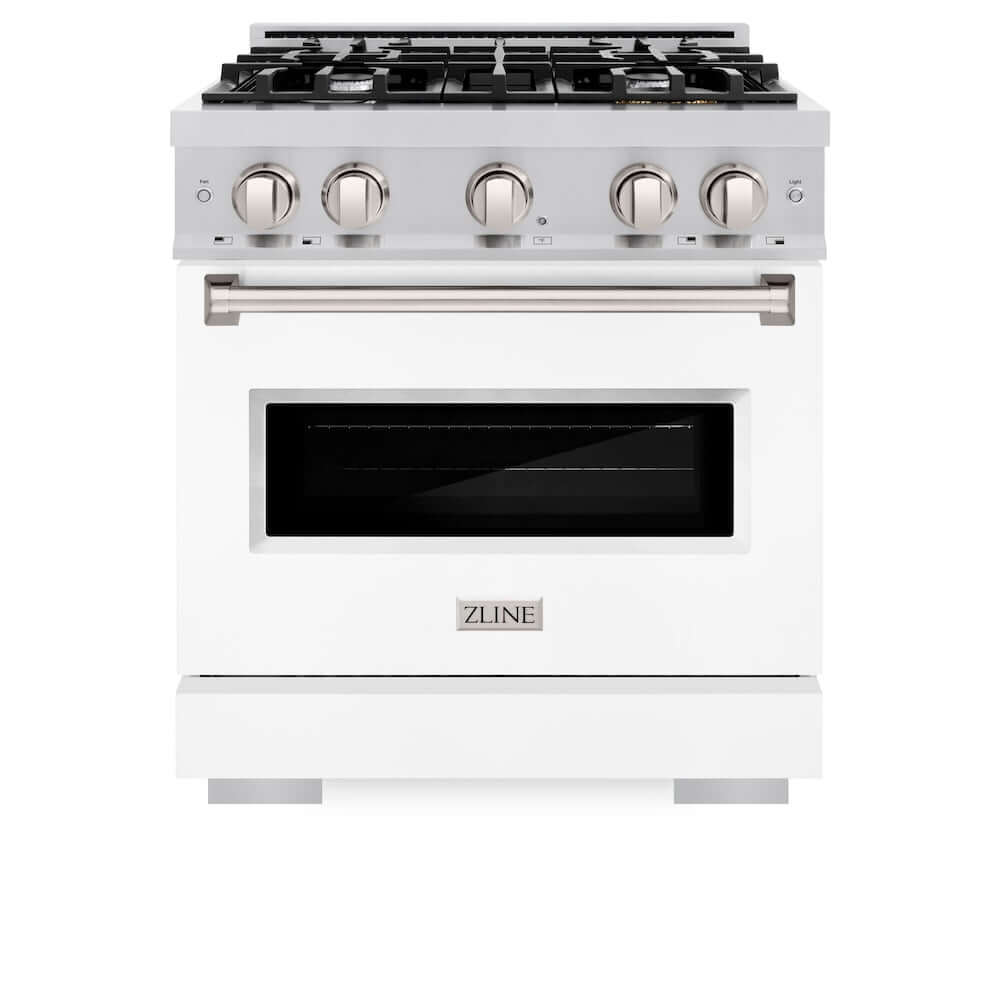 ZLINE 30 in. 4.2 cu. ft. Classic Gas Range with 4 Burner Cooktop and Convection Gas Oven in Stainless Steel with White Matte Door (CGR-WM-30) front, oven closed.