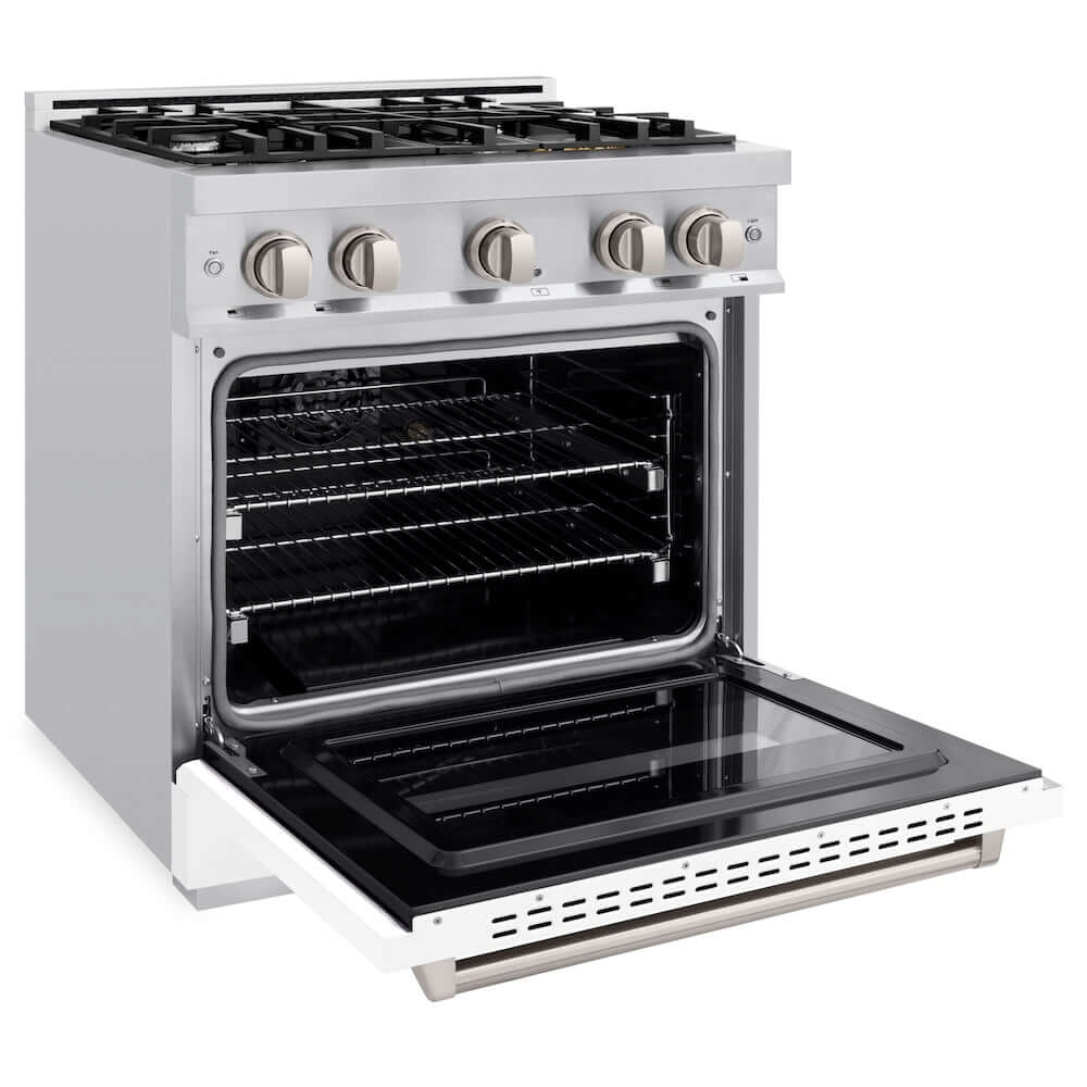 ZLINE 30 in. 4.2 cu. ft. Classic Gas Range with 4 Burner Cooktop and Convection Gas Oven in Stainless Steel with White Matte Door (CGR-WM-30) side, oven open.