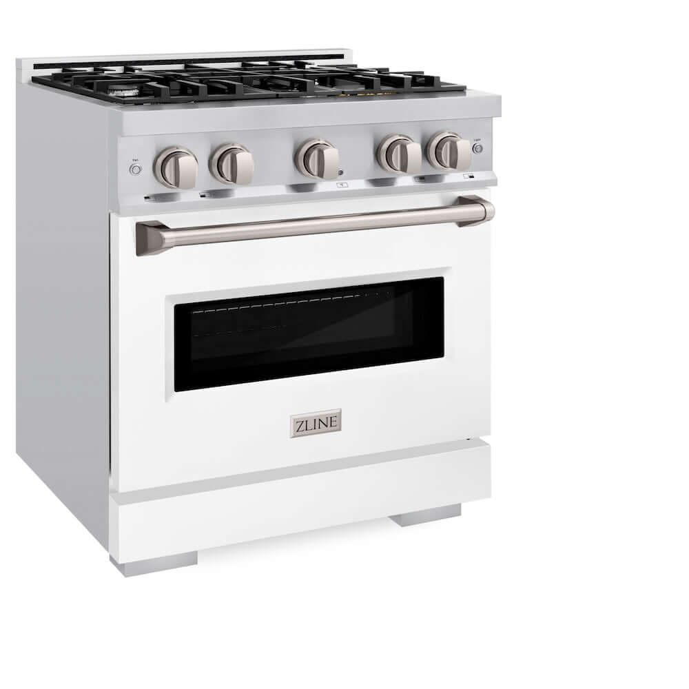 ZLINE 30 in. 4.2 cu. ft. Classic Gas Range with 4 Burner Cooktop and Convection Gas Oven in Stainless Steel with White Matte Door (CGR-WM-30) side, oven closed.