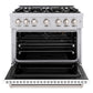 ZLINE 36 in. 5.2 cu. ft. Classic Gas Range with 6 Burner Cooktop and Convection Gas Oven in Stainless Steel with White Matte Door (CGR-WM-36) front, oven open.