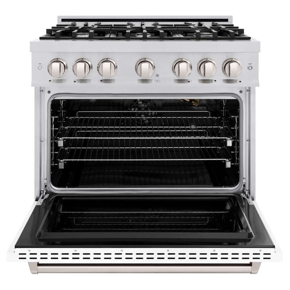 ZLINE 36 in. 5.2 cu. ft. Classic Gas Range with 6 Burner Cooktop and Convection Gas Oven in Stainless Steel with White Matte Door (CGR-WM-36) front, oven open.