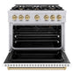 ZLINE Autograph Edition 36 in. 5.2 cu. ft. Classic Gas Range with 6 Burner Cooktop and Convection Gas Oven in Stainless Steel with White Matte Door and Champagne Bronze Accents (CGRZ-WM-36-CB) front, oven open.