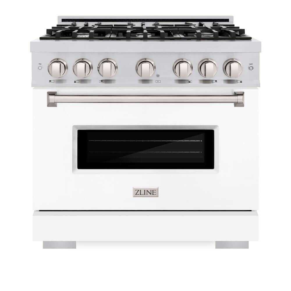ZLINE 36 in. 5.2 cu. ft. Classic Gas Range with 6 Burner Cooktop and Convection Gas Oven in Stainless Steel with White Matte Door (CGR-WM-36) front, oven closed.