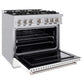 ZLINE 36 in. 5.2 cu. ft. Classic Gas Range with 6 Burner Cooktop and Convection Gas Oven in Stainless Steel with White Matte Door (CGR-WM-36) side, open.