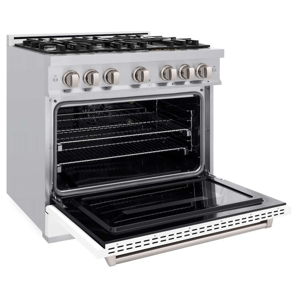 ZLINE 36 in. 5.2 cu. ft. Classic Gas Range with 6 Burner Cooktop and Convection Gas Oven in Stainless Steel with White Matte Door (CGR-WM-36) side, open.