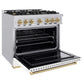 ZLINE Autograph Edition 36 in. 5.2 cu. ft. Classic Gas Range with 6 Burner Cooktop and Convection Gas Oven in Stainless Steel with White Matte Door and Champagne Bronze Accents (CGRZ-WM-36-CB) side, open.