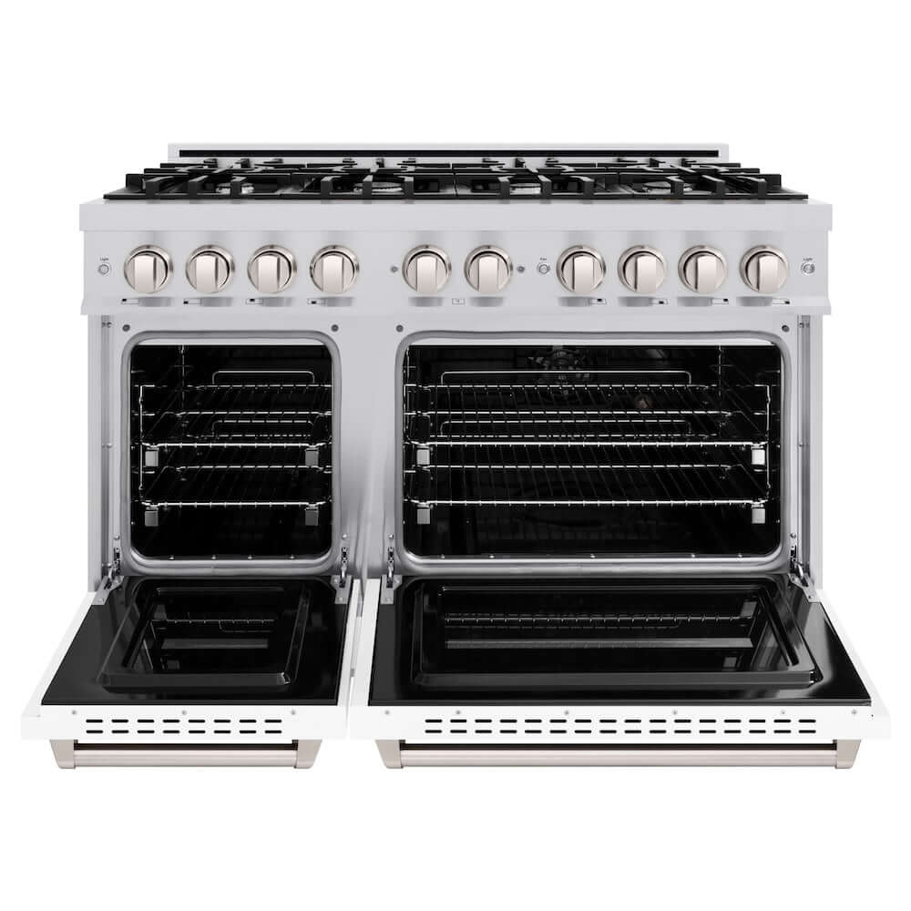 ZLINE 48 in. 6.7 cu. ft. Classic Double Oven Gas Range with 8 Burner Cooktop in Stainless Steel with White Matte Doors (CGR-WM-48) front, oven open.