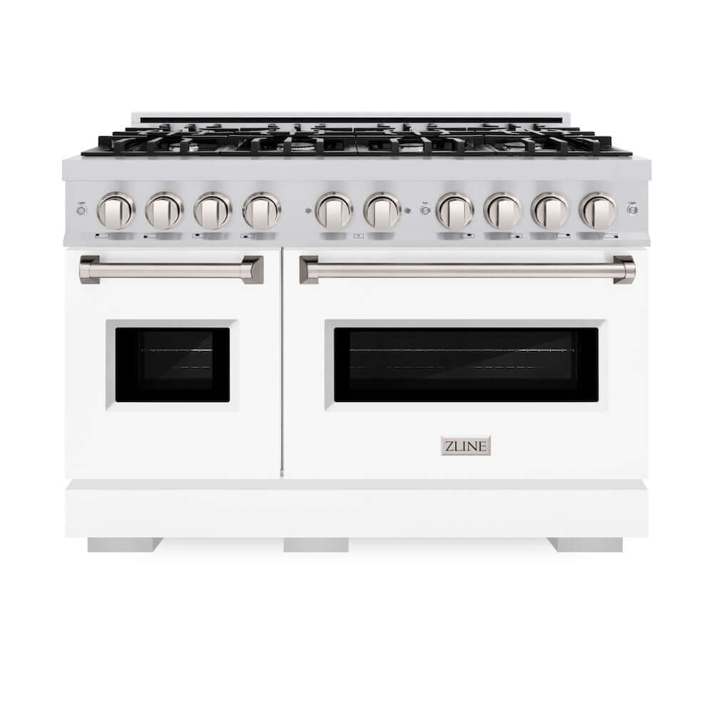 ZLINE 48 in. 6.7 cu. ft. Classic Double Oven Gas Range with 8 Burner Cooktop in Stainless Steel with White Matte Doors (CGR-WM-48) front, oven closed.