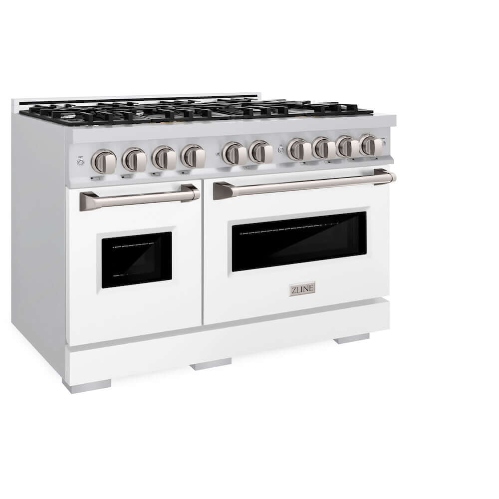 ZLINE 48 in. 6.7 cu. ft. Classic Double Oven Gas Range with 8 Burner Cooktop in Stainless Steel with White Matte Doors (CGR-WM-48) side, oven closed.