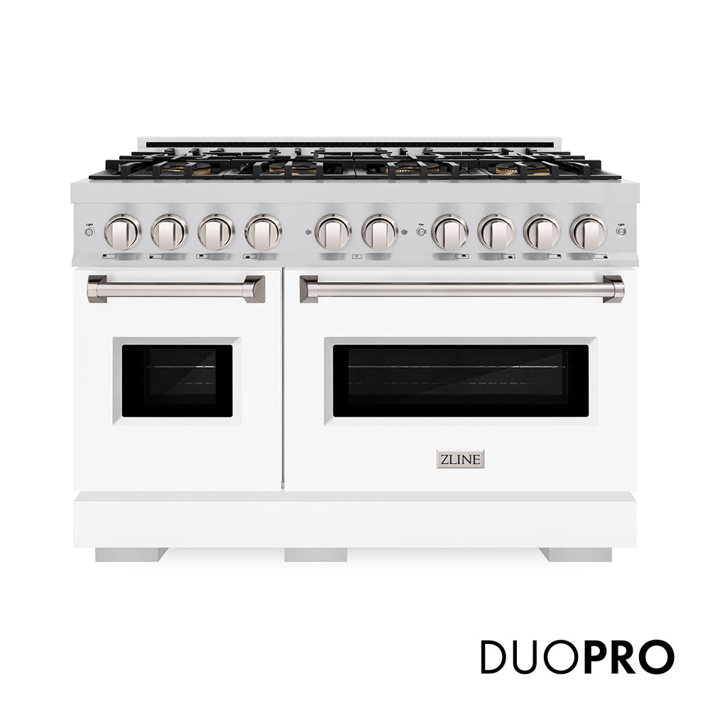 ZLINE 48 in. 6.7 cu. ft. Classic Dual Fuel Range with 8 Burner DuoPro™ Cooktop and Dual Ovens with White Matte Doors (PCDR-WM-48) main image.