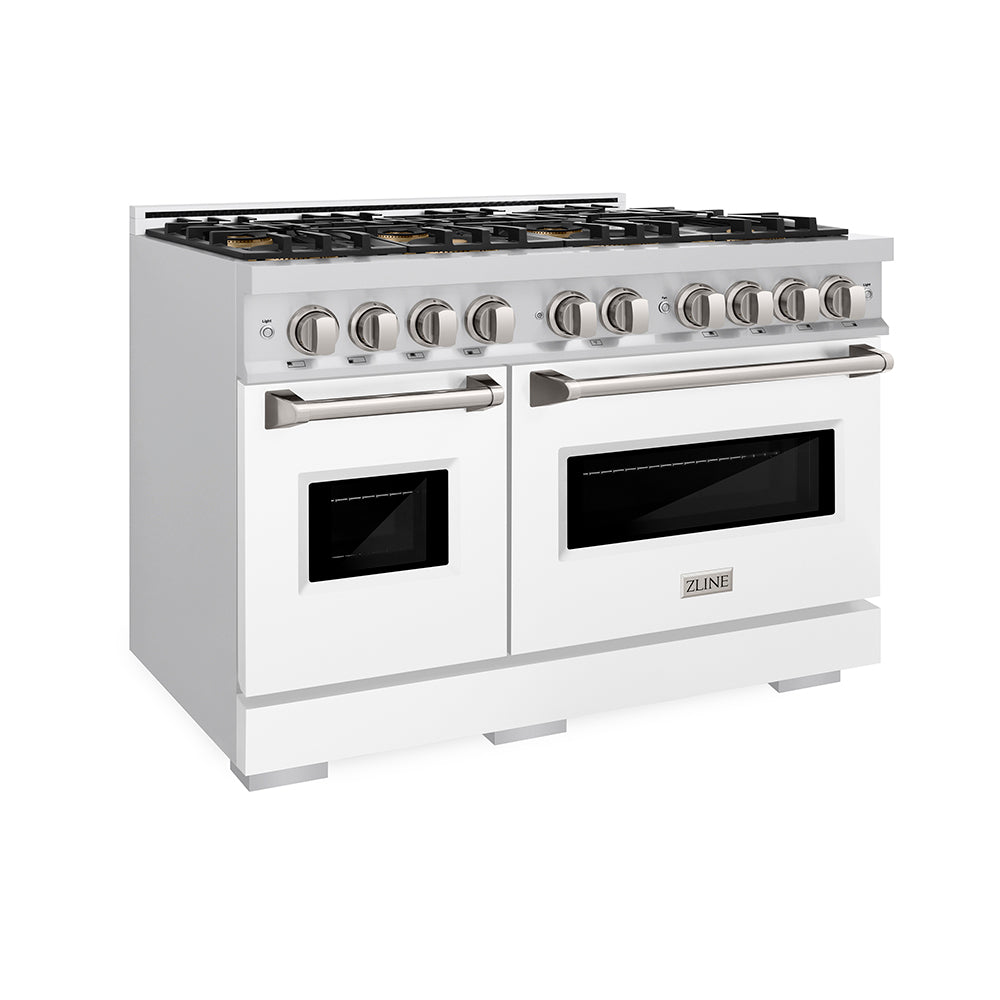 ZLINE 48 in. 6.7 cu. ft. Classic Dual Fuel Range with 8 Burner DuoPro™ Cooktop and Dual Ovens with White Matte Doors (PCDR-WM-48) side, oven closed.