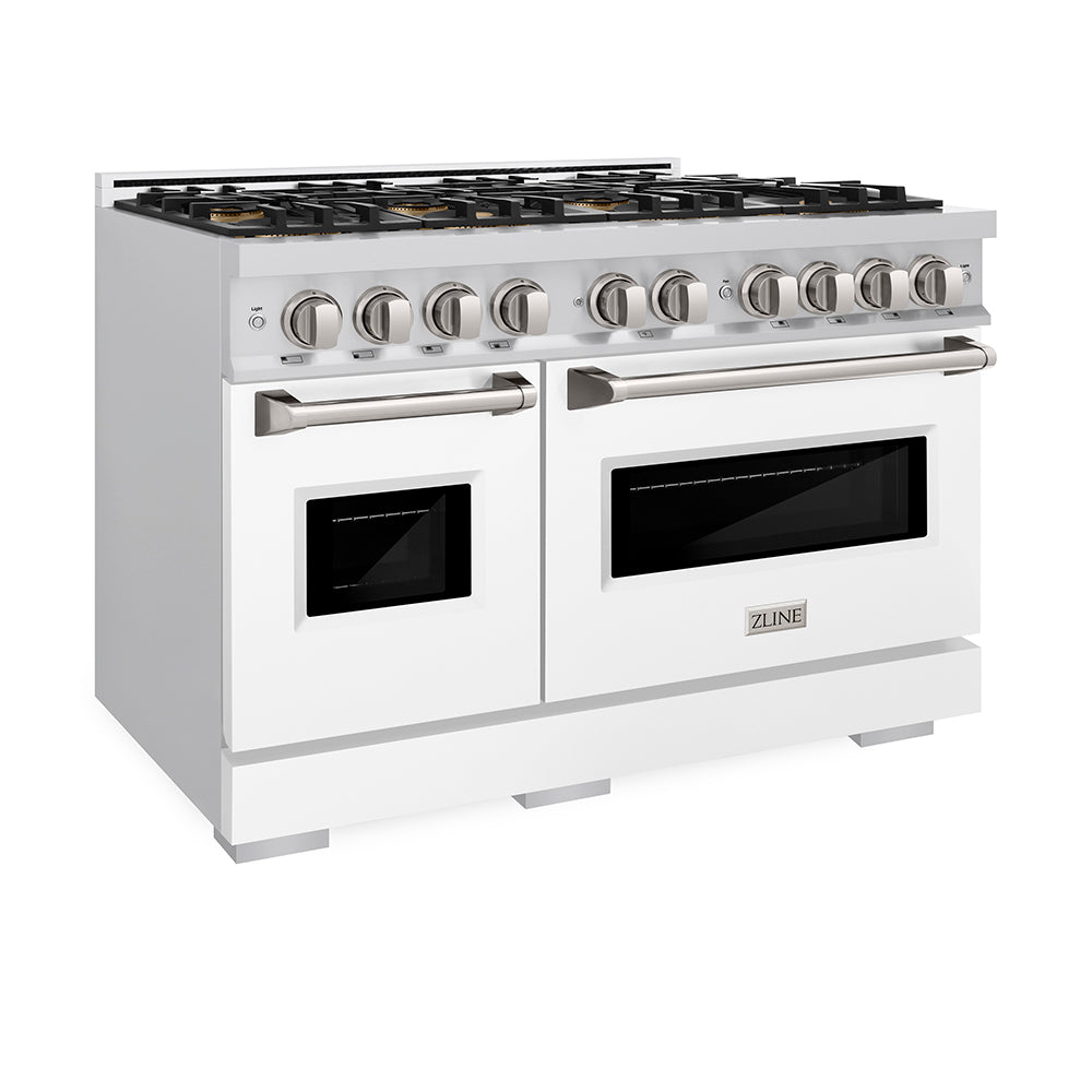 ZLINE 48 in. 6.7 cu. ft. Classic Dual Fuel Range with 8 Burner DuoPro™ Cooktop and Dual Ovens with White Matte Doors (PCDR-WM-48) side.