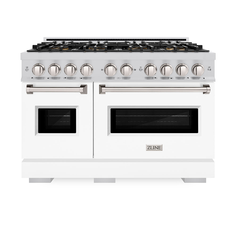 ZLINE 48 in. 6.7 cu. ft. Classic Dual Fuel Range with 8 Burner DuoPro™ Cooktop and Dual Ovens with White Matte Doors (PCDR-WM-48) front.