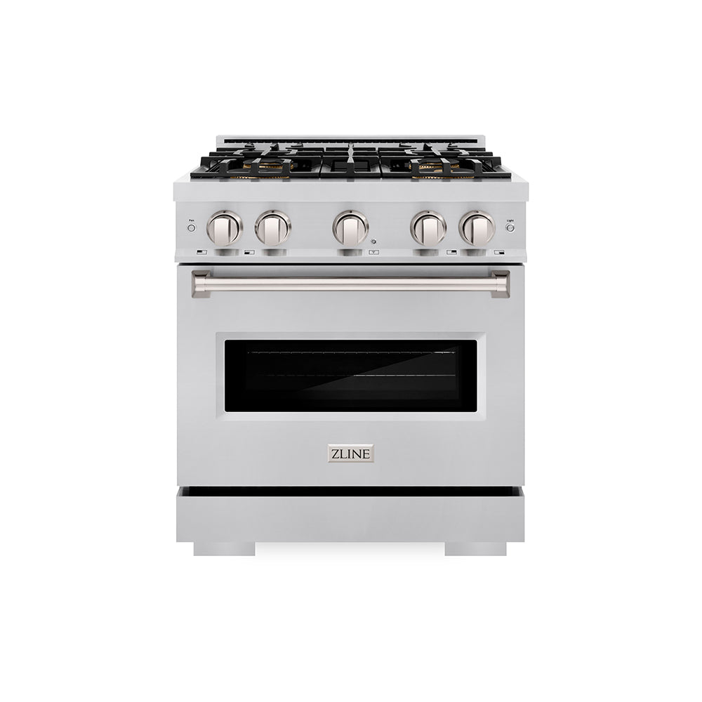 ZLINE 30 in. 4.2 cu. ft. Classic Dual Fuel Range with 4 Burner DuoPro™ Cooktop and Electric Convection Oven in Stainless Steel (PCDR30) front, oven closed.