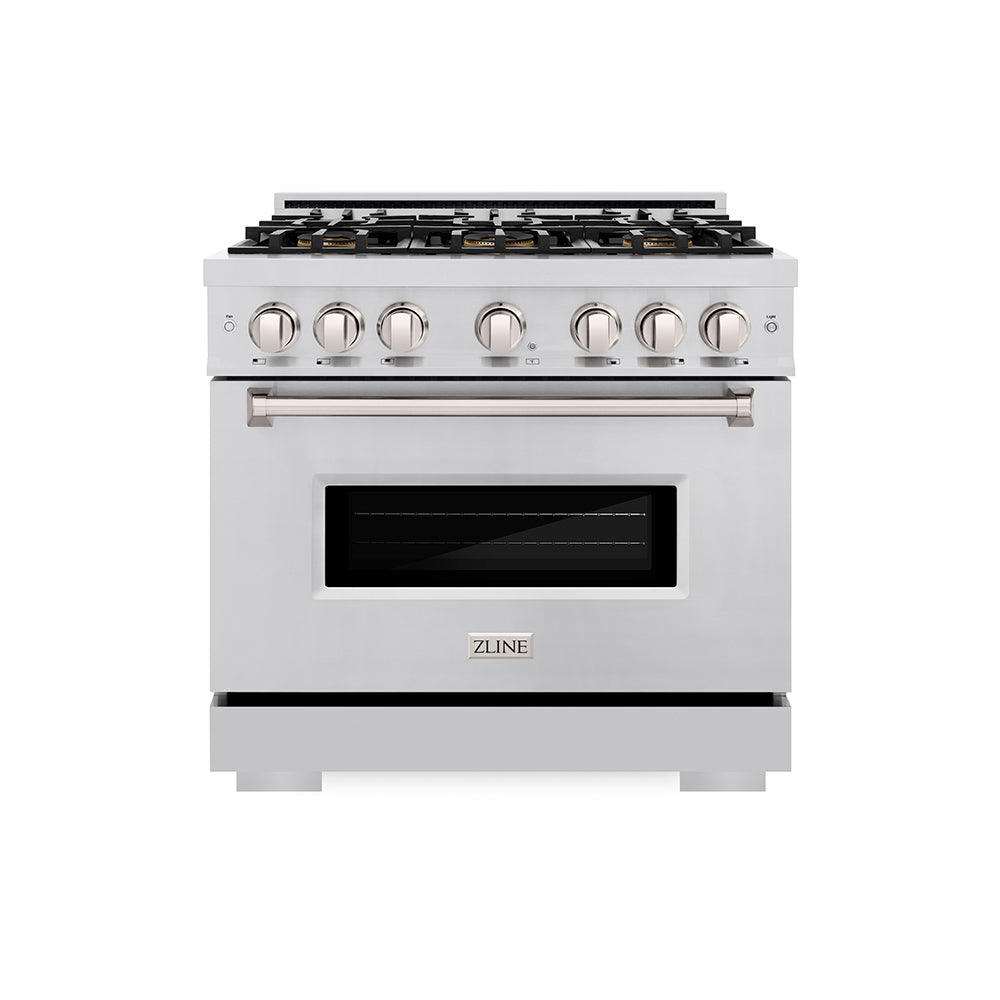 ZLINE 36 in. 5.2 cu. ft. Classic Dual Fuel Range with 6 Burner DuoPro™ Cooktop and Electric Convection Oven in Stainless Steel (PCDR36) front, oven closed.