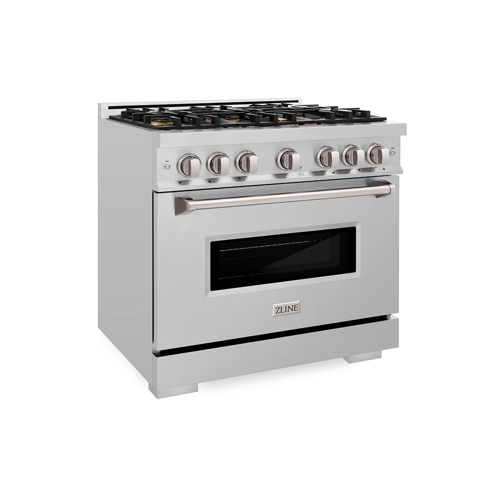 ZLINE 36 in. 5.2 cu. ft. Classic Dual Fuel Range with 6 Burner DuoPro™ Cooktop and Electric Convection Oven in Stainless Steel (PCDR36) side, oven closed.