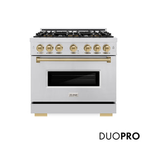 ZLINE Autograph Edition 36 in. 5.2 cu. ft. Classic Dual Fuel Range with 6 Burner DuoPro™ Cooktop and Electric Convection Oven in Stainless Steel and Champagne Bronze Accents, Open Box-Great Condition