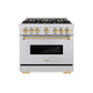 ZLINE Autograph Edition 36 in. 5.2 cu. ft. Classic Dual Fuel Range with 6 Burner DuoPro™ Cooktop and Electric Convection Oven in Stainless Steel and Champagne Bronze Accents (PCDRZ-36-CB) front, oven closed.