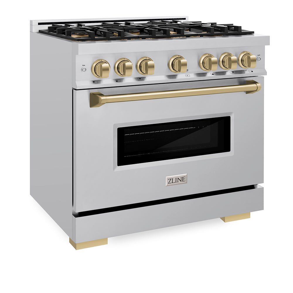 ZLINE Autograph Edition 36 in. 5.2 cu. ft. Classic Dual Fuel Range with 6 Burner DuoPro™ Cooktop and Electric Convection Oven in Stainless Steel and Champagne Bronze Accents, Open Box-Great Condition