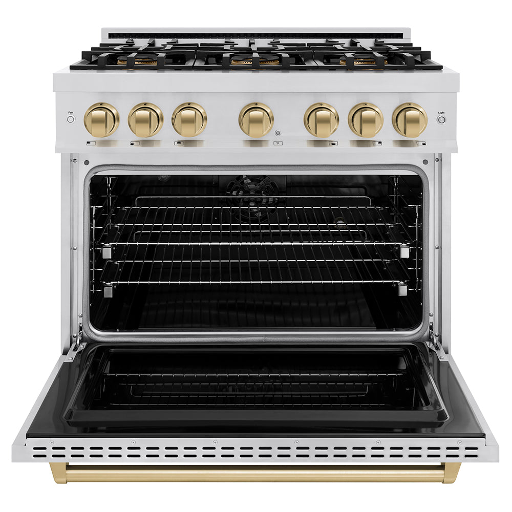 ZLINE Autograph Edition 36 in. 5.2 cu. ft. Classic Dual Fuel Range with 6 Burner DuoPro™ Cooktop and Electric Convection Oven in Stainless Steel and Champagne Bronze Accents, Open Box-Great Condition