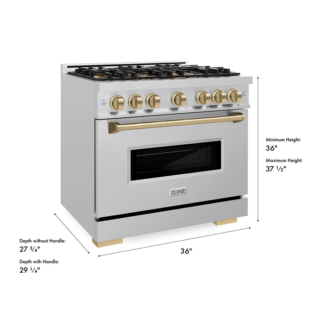ZLINE Autograph Edition 36 in. 5.2 cu. ft. Classic Dual Fuel Range with 6 Burner DuoPro™ Cooktop and Electric Convection Oven in Stainless Steel and Champagne Bronze Accents, Open Box-Great Condition