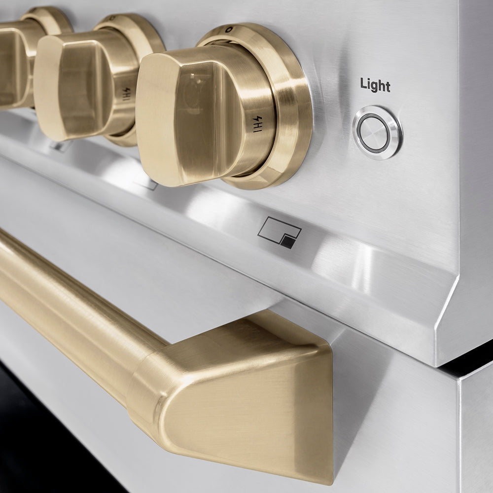 ZLINE Autograph Edition 36 in. 5.2 cu. ft. Classic Dual Fuel Range with 6 Burner DuoPro™ Cooktop and Electric Convection Oven in Stainless Steel and Champagne Bronze Accents, Open Box-Great Condition