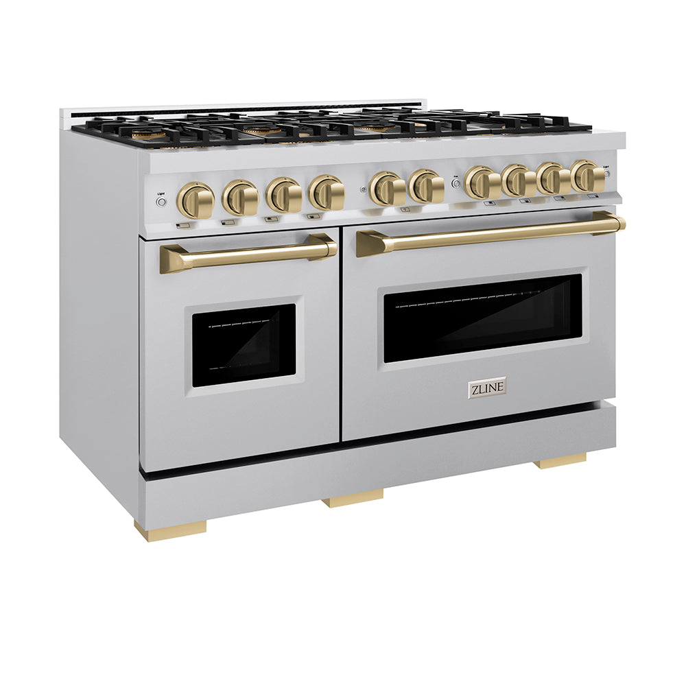 ZLINE Autograph Edition 48 in. 6.7 cu. ft. Classic Dual Fuel Range with 8 Burner DuoPro™ Cooktop and Dual Ovens in Stainless Steel and Champagne Bronze Accents, Open Box-Great Condition