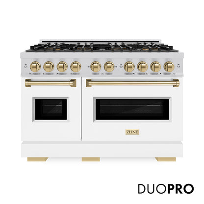 ZLINE Autograph Edition 48 in. 6.7 cu. ft. Classic Dual Fuel Range with 8 Burner DuoPro™ Cooktop and Dual Ovens with White Matte Doors and Champagne Bronze Accents, Open Box-Great Condition