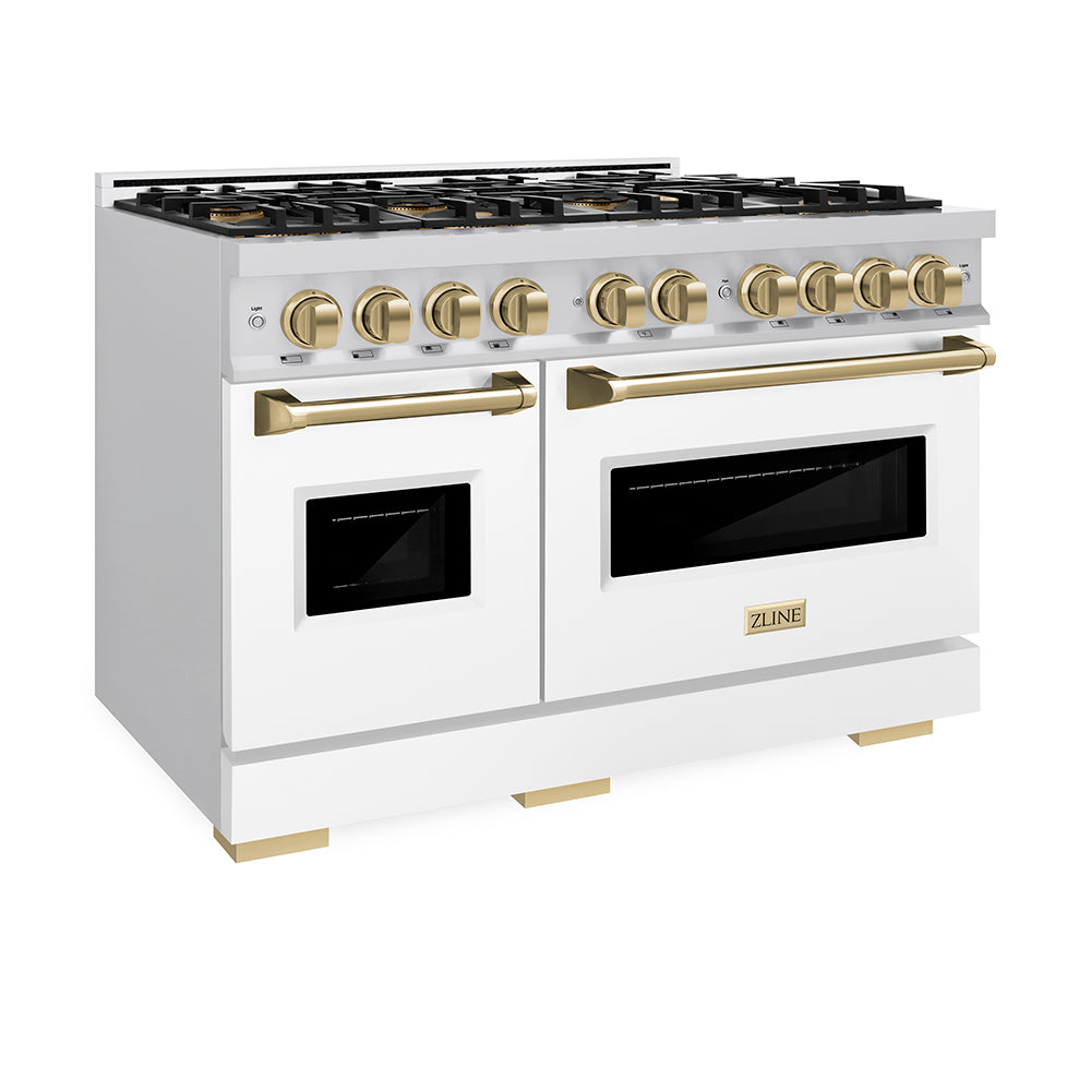 ZLINE Autograph Edition 48 in. 6.7 cu. ft. Classic Dual Fuel Range with 8 Burner DuoPro™ Cooktop and Dual Ovens with White Matte Doors and Champagne Bronze Accents, Open Box-Great Condition