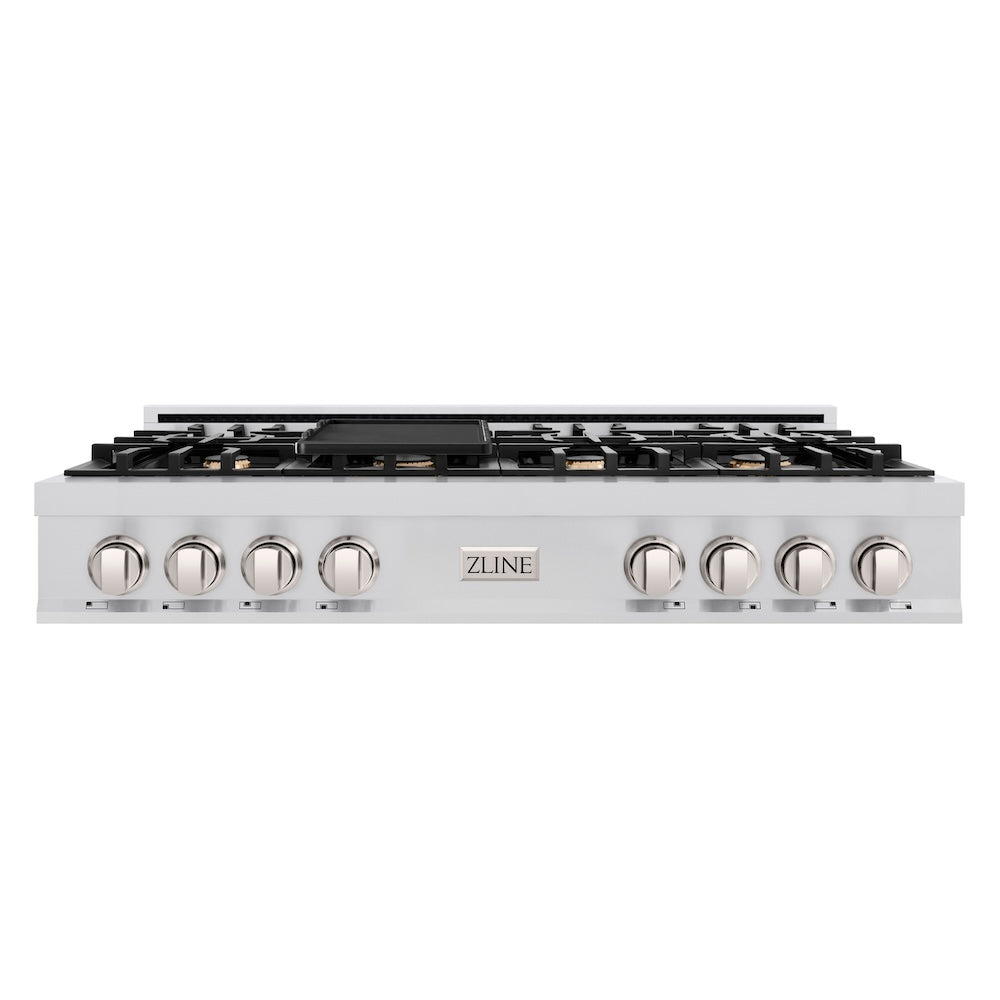 ZLINE 48 in. Classic Gas Rangetop with 8 Brass Burners and Porcelain Cooktop in Stainless Steel (RT-BR-48) front.
