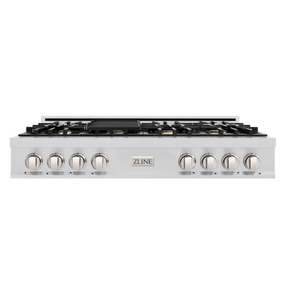ZLINE 48 in. Classic Gas Rangetop with 8 Brass Burners and Porcelain Cooktop in Stainless Steel (RT-BR-48) front.