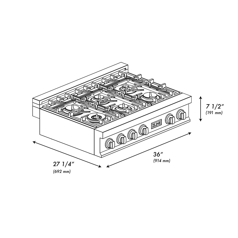 ZLINE 36 in. Classic Gas Rangetop with 6 Burners and Porcelain Cooktop in Stainless Steel with Griddle (RT-GR-36) dimensional diagram.