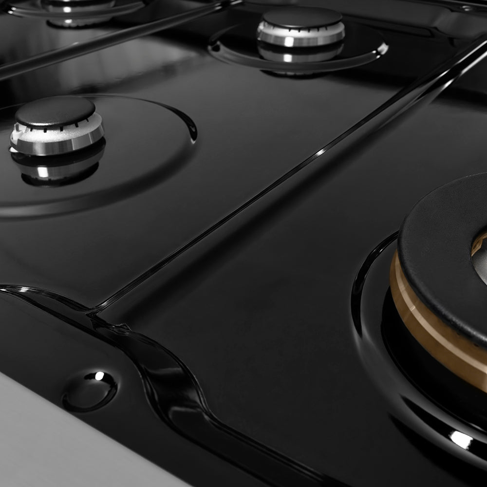 ZLINE 36 in. Classic Gas Rangetop with 6 Burners and Porcelain Cooktop in Stainless Steel with Griddle (RT-GR-36) burners on black porcelain cooktop with no grates.