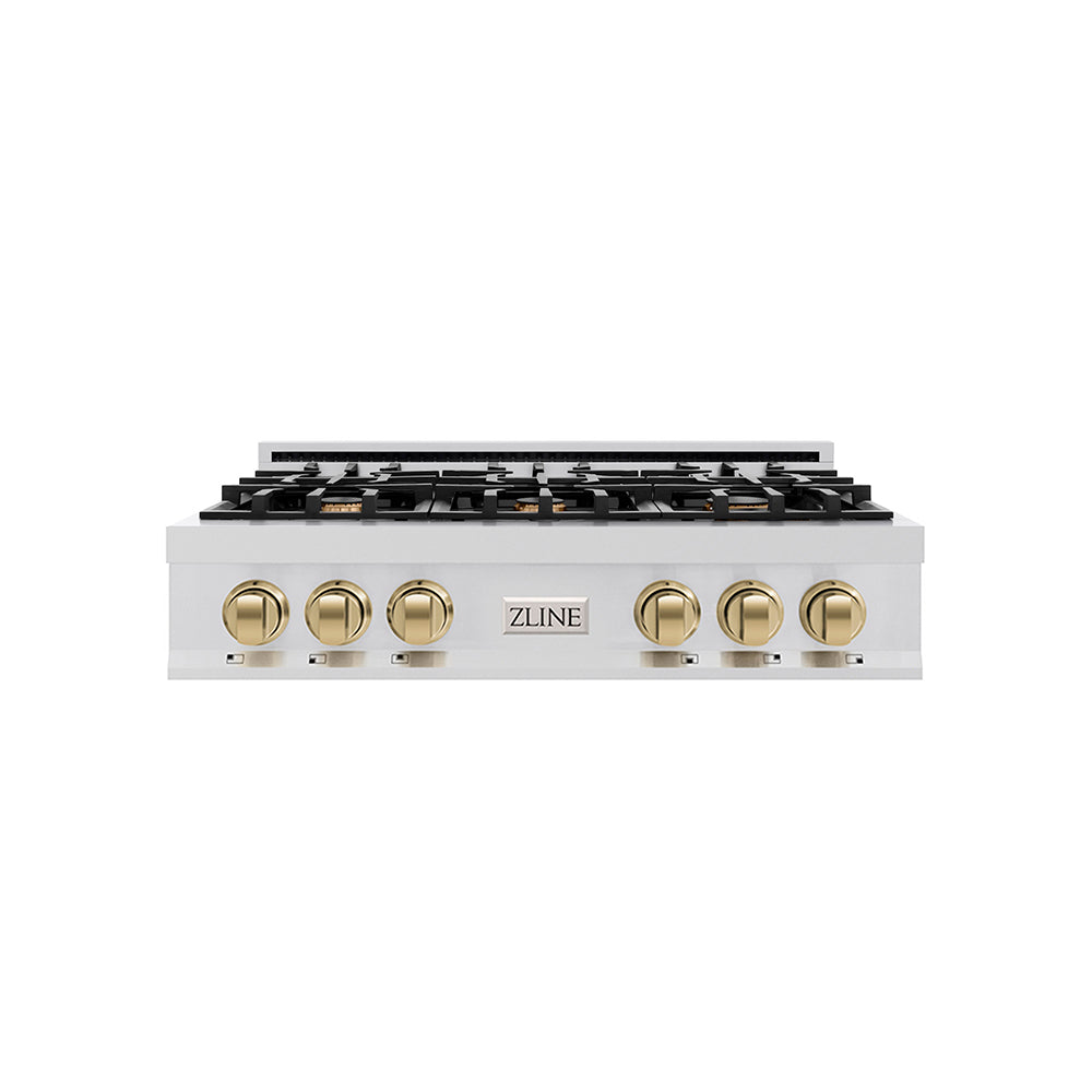 ZLINE Autograph Edition 36 in. Legacy Gas Rangetop with 6 Burners and Porcelain Cooktop in Stainless Steel with Champagne Bronze Accents, Open Box-Good Condition