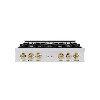 ZLINE Autograph Edition 36 in. Legacy Gas Rangetop with 6 Burners and Porcelain Cooktop in Stainless Steel with Champagne Bronze Accents, Open Box-Good Condition