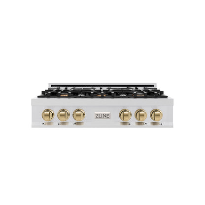 ZLINE Autograph Edition 36 in. Classic Gas Rangetop with 6 Burners and Porcelain Cooktop in Stainless Steel with Champagne Bronze Accents (RTZ-36-CB)