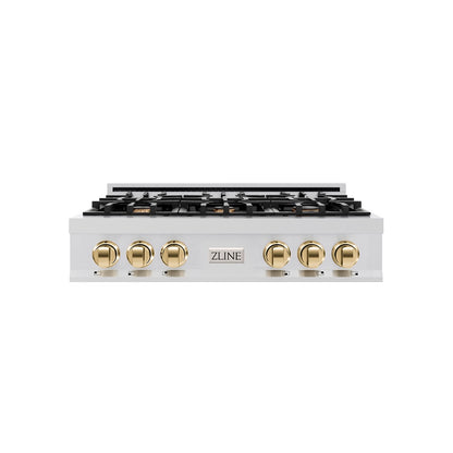 ZLINE Autograph Edition 36 in. Classic Gas Rangetop with 6 Burners and Porcelain Cooktop in Stainless Steel with Polished Gold Accents (RTZ-36-G)