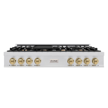 ZLINE Autograph Edition 48 in. Classic Gas Rangetop with 8 Burners and Porcelain Cooktop in Stainless Steel with Champagne Bronze Accents (RTZ-48-CB) front.