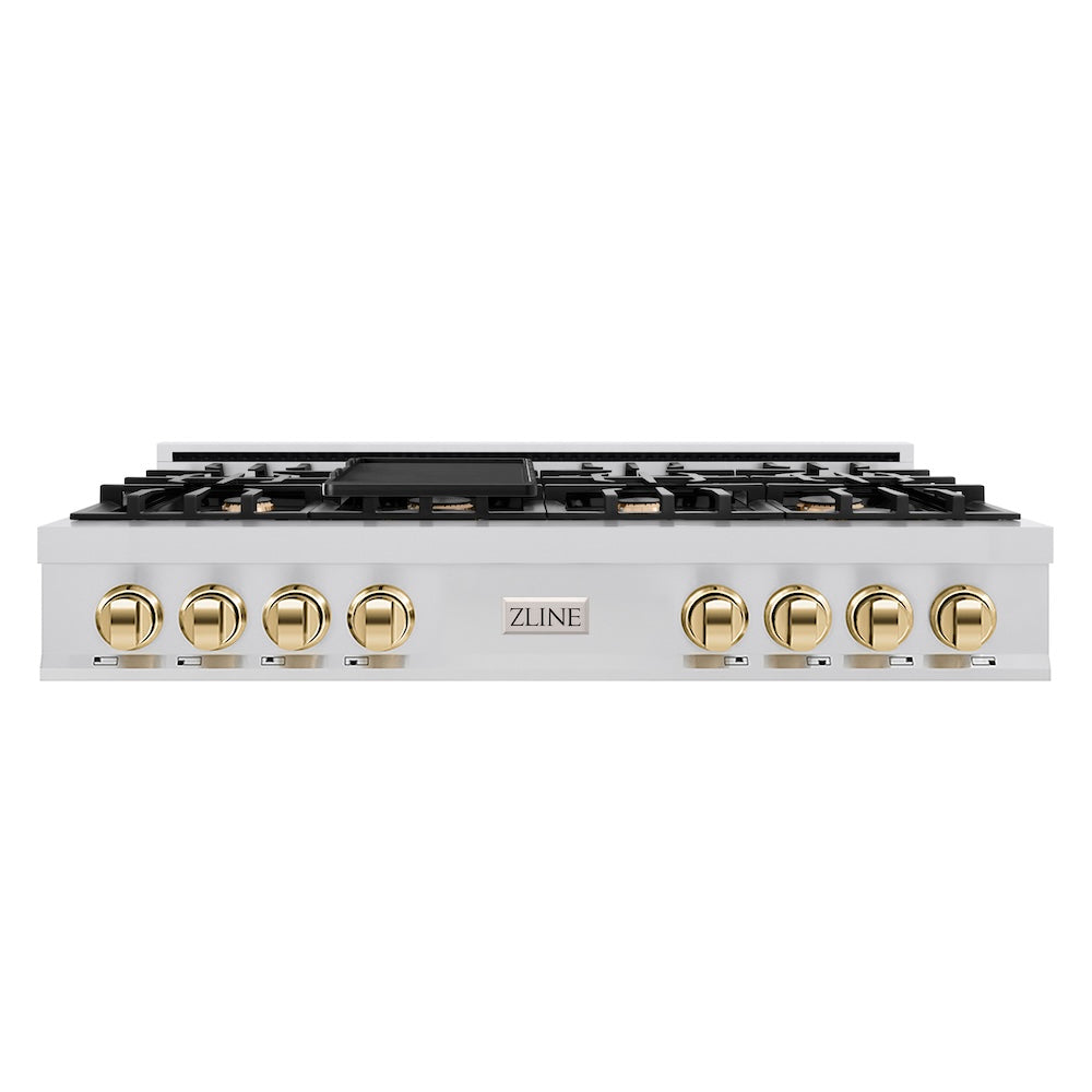 ZLINE Autograph Edition 48 in. Classic Gas Rangetop with 8 Burners and Porcelain Cooktop in Stainless Steel with Polished Gold Accents (RTZ-48-G) front.